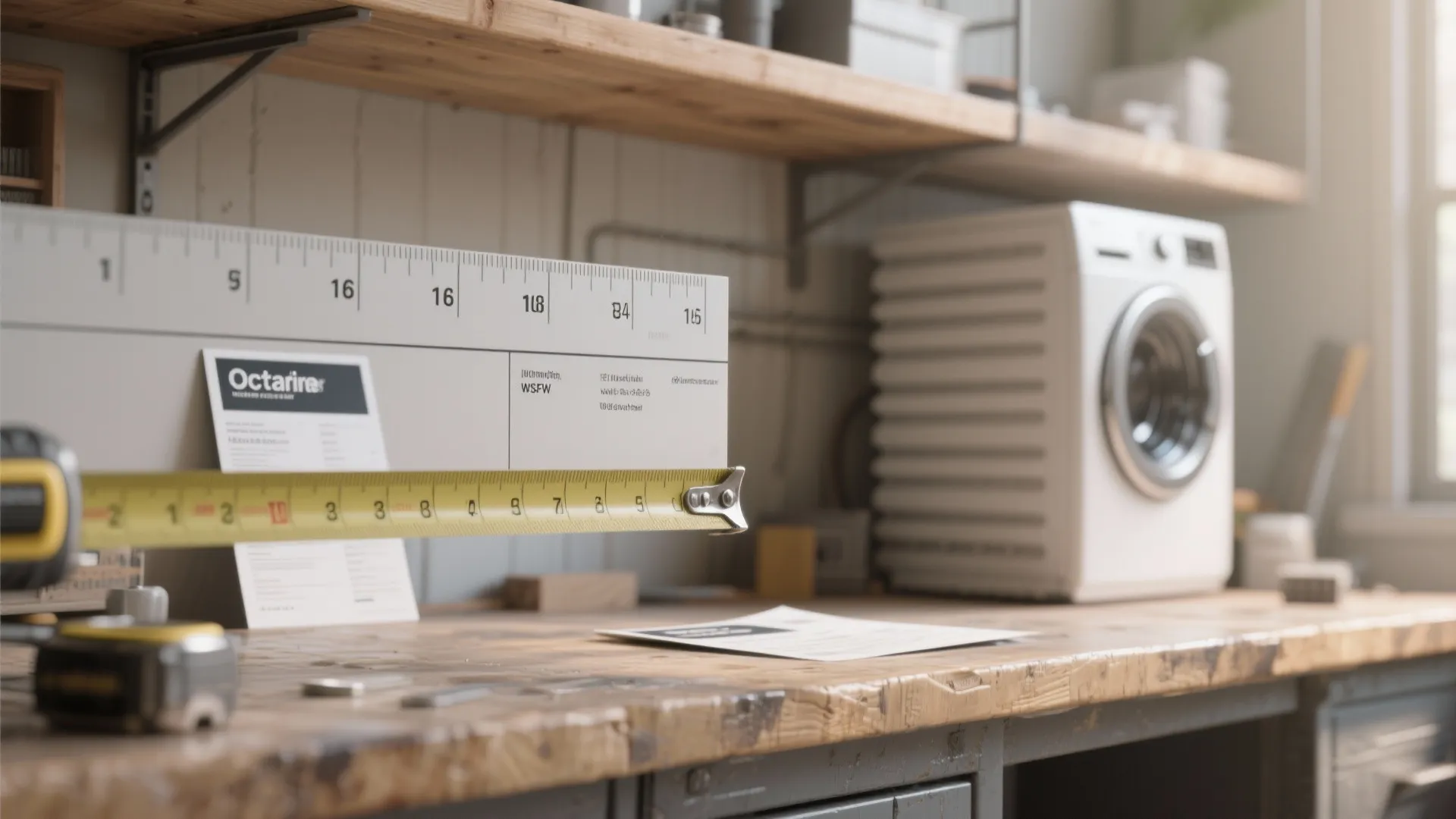 Yellow tape measure on a wooden workbench with a white washing machine in the background