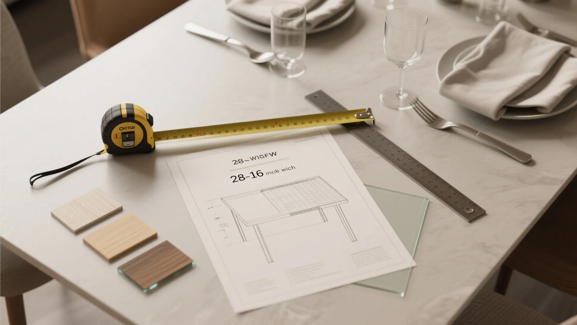 Flatlay of tape measure, scaled place setting, and small dining room plan showing recommended widths and clearances