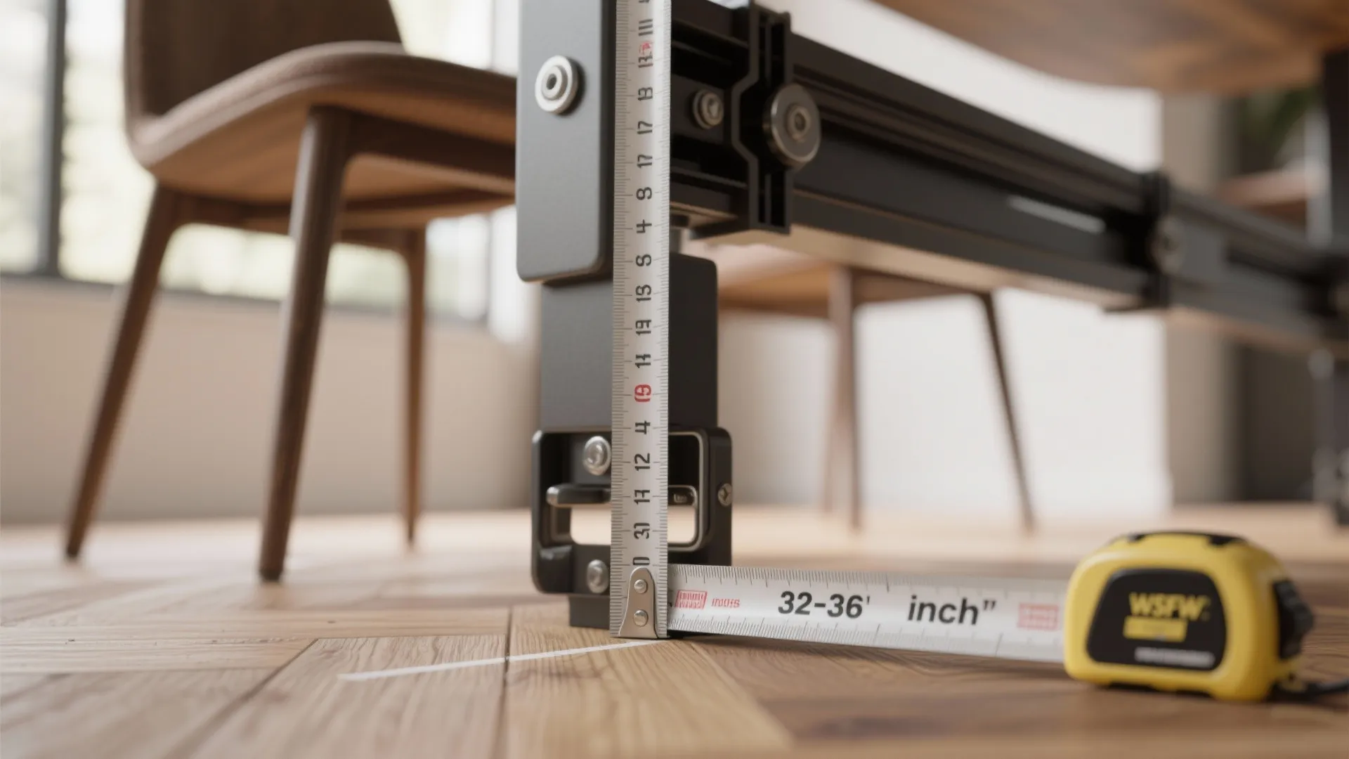 Macro shot of a measuring tape and taped floor markings showing clearance distances behind a dining chair.