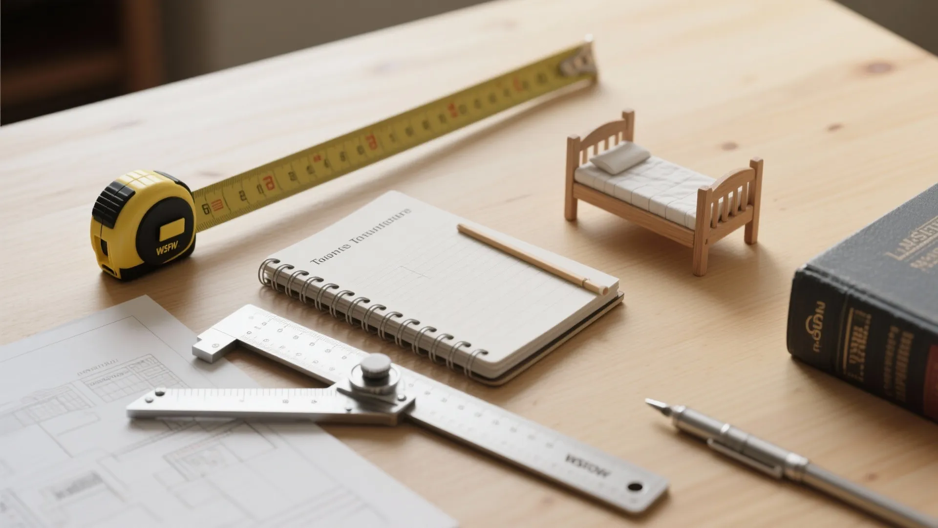 Close-up of measuring tape, scale and code book used for planning safe bunk and loft layouts.