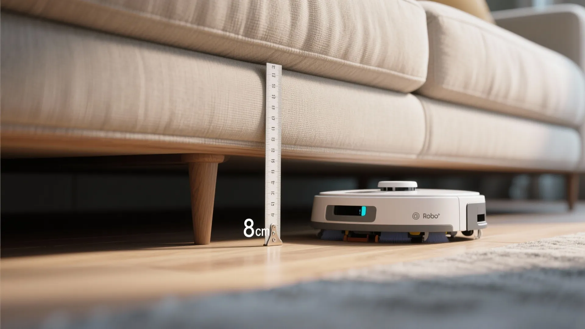 Metal ruler measuring an eight centimeter gap under a beige sofa next to robot vacuum cleaner