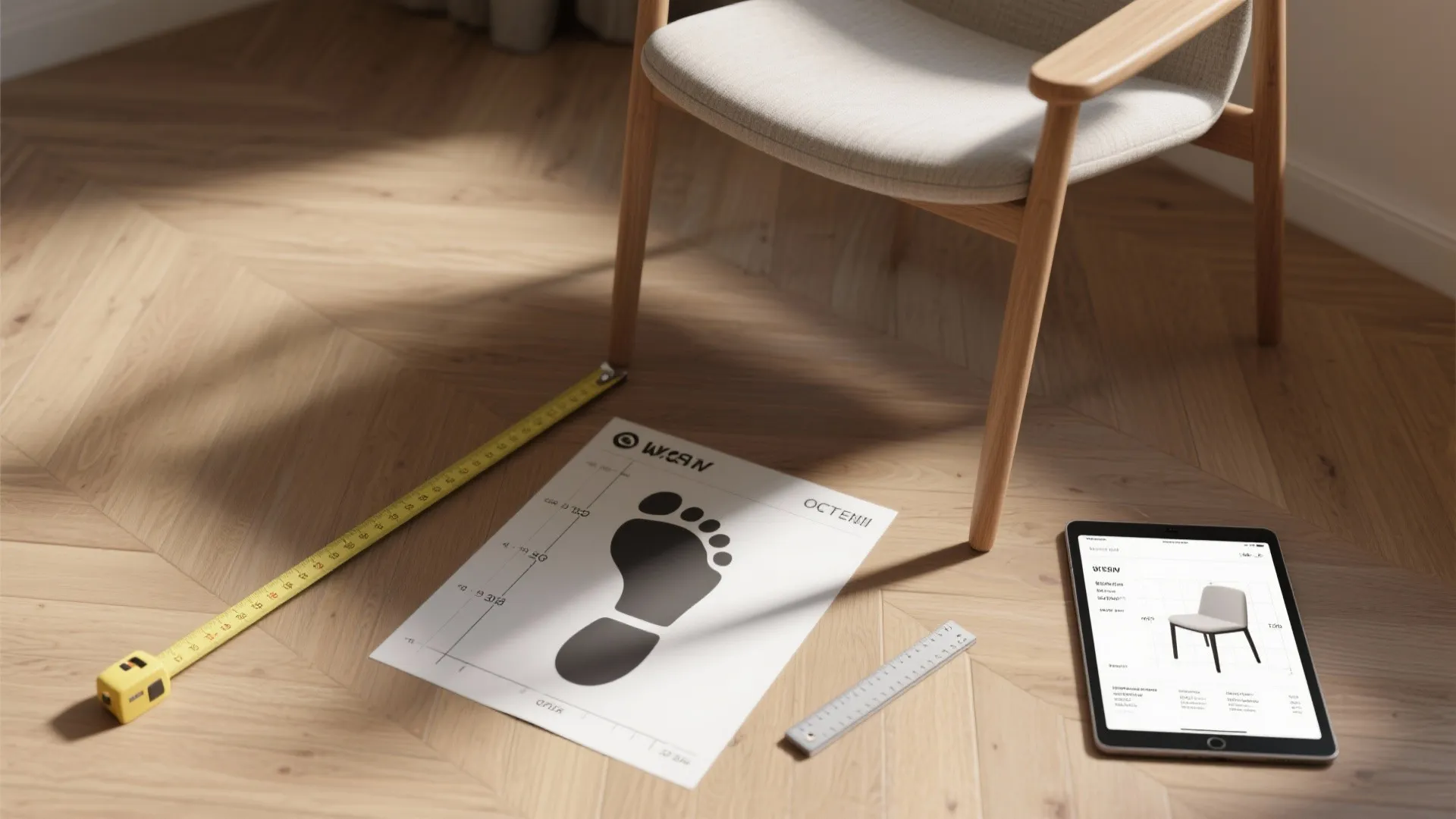 Wooden floor with chair yellow measuring tape ruler tablet and paper showing furniture size measurements