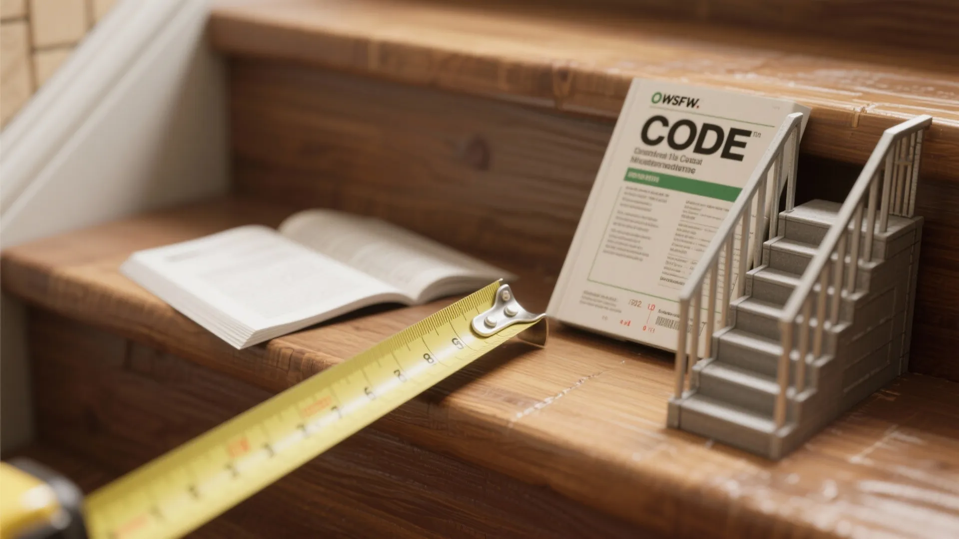Close-up of a tape measure on a stair tread beside a code handbook and a small stair model representing stair dimension checks.