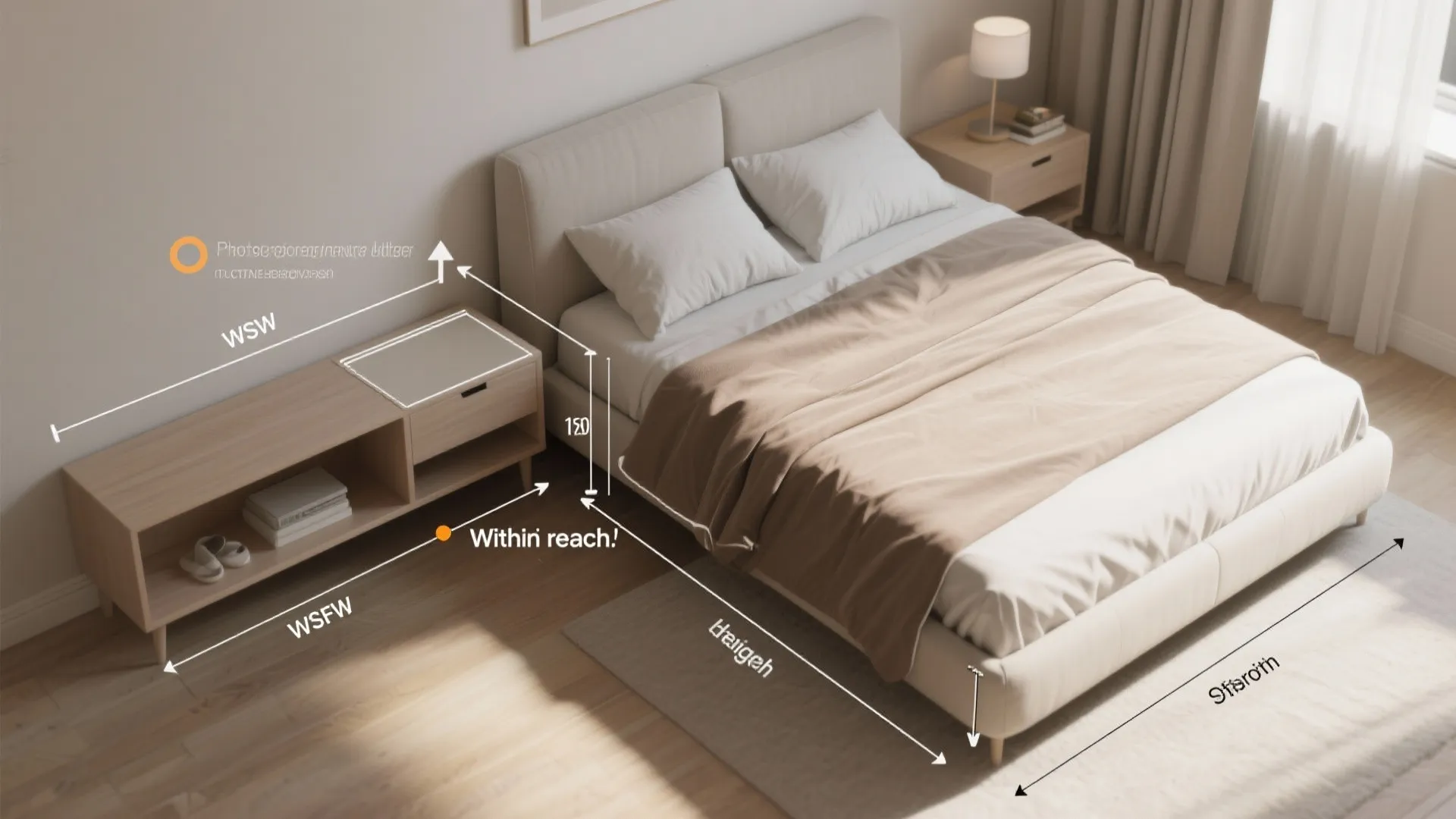 Top view of bedroom showing measurements for bed and wooden cabinet to ensure comfortable room layout