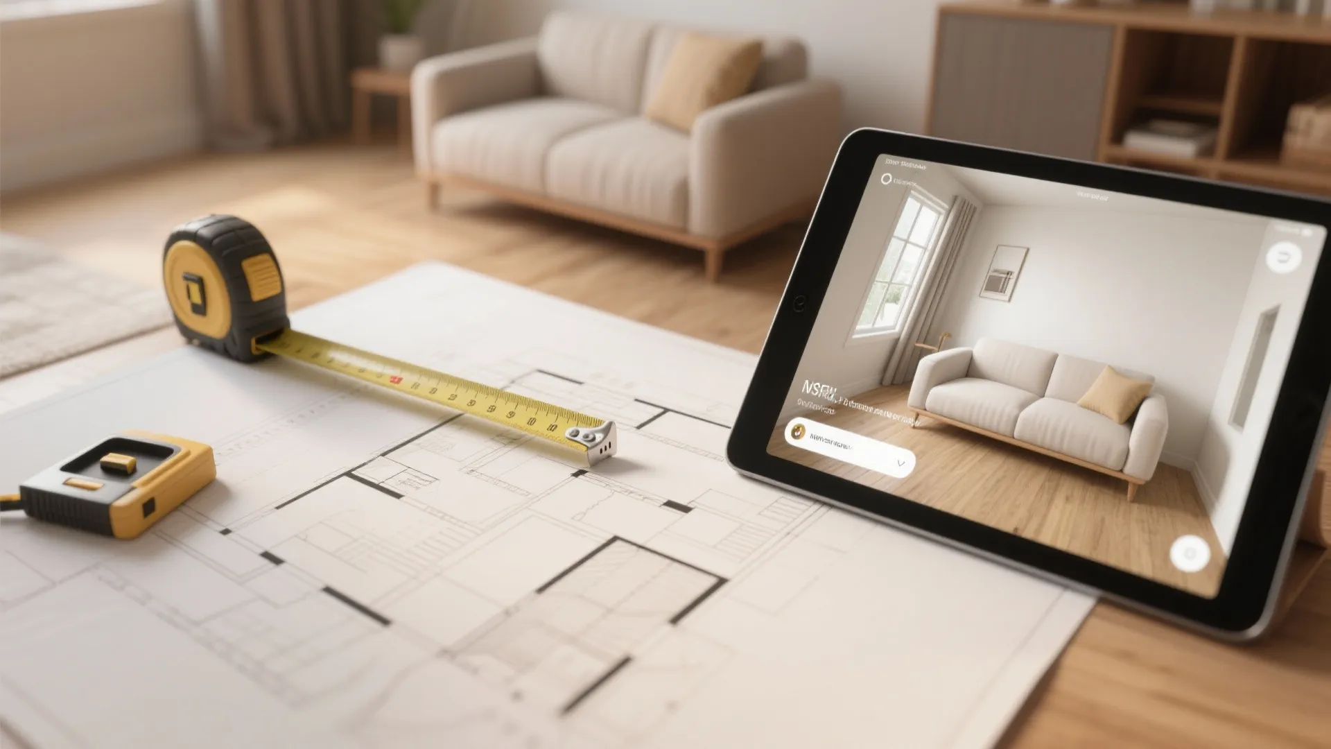 Measuring tape on floor plan paper next to tablet showing 3D interior design room render