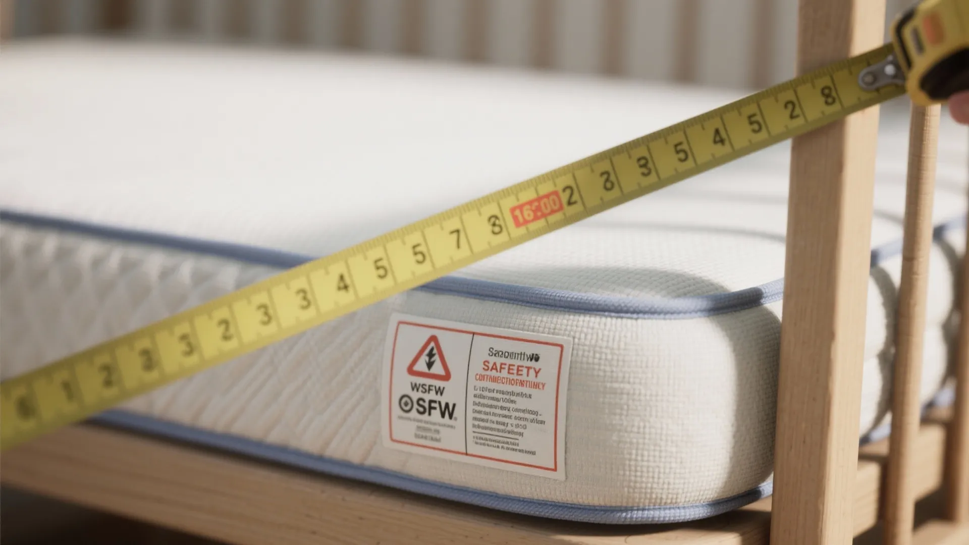 Measuring a white baby mattress with a yellow tape measure to check for correct size