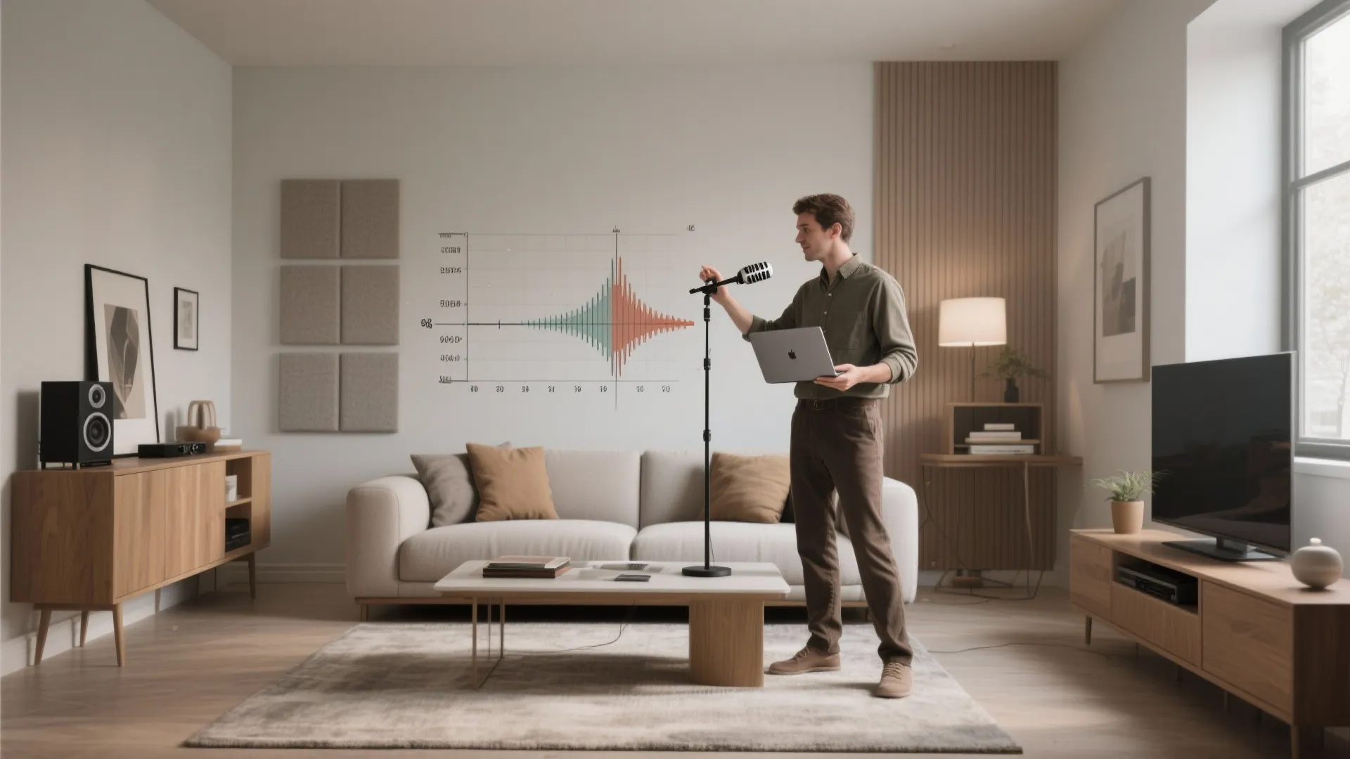 Person measuring room bass with a microphone and laptop in a small living room.