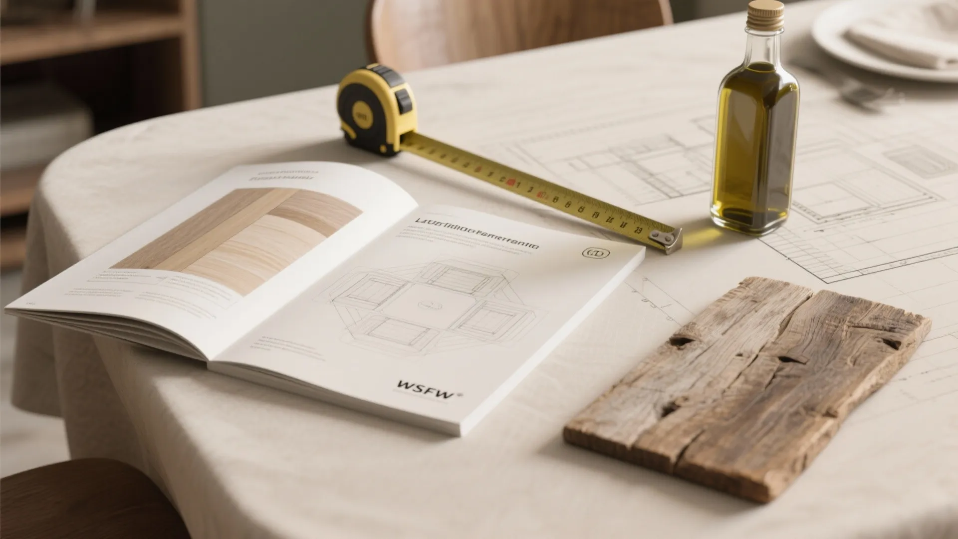 Close-up of a layout guide, measuring tape and reclaimed wood sample illustrating practical FAQ topics.