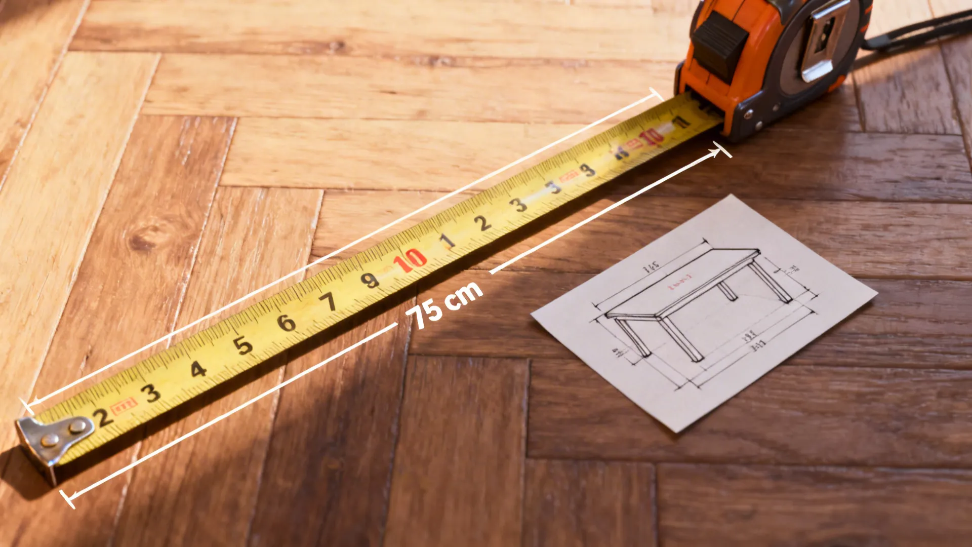 Measuring tape on floor indicating recommended 75 cm clearance with a small layout sketch