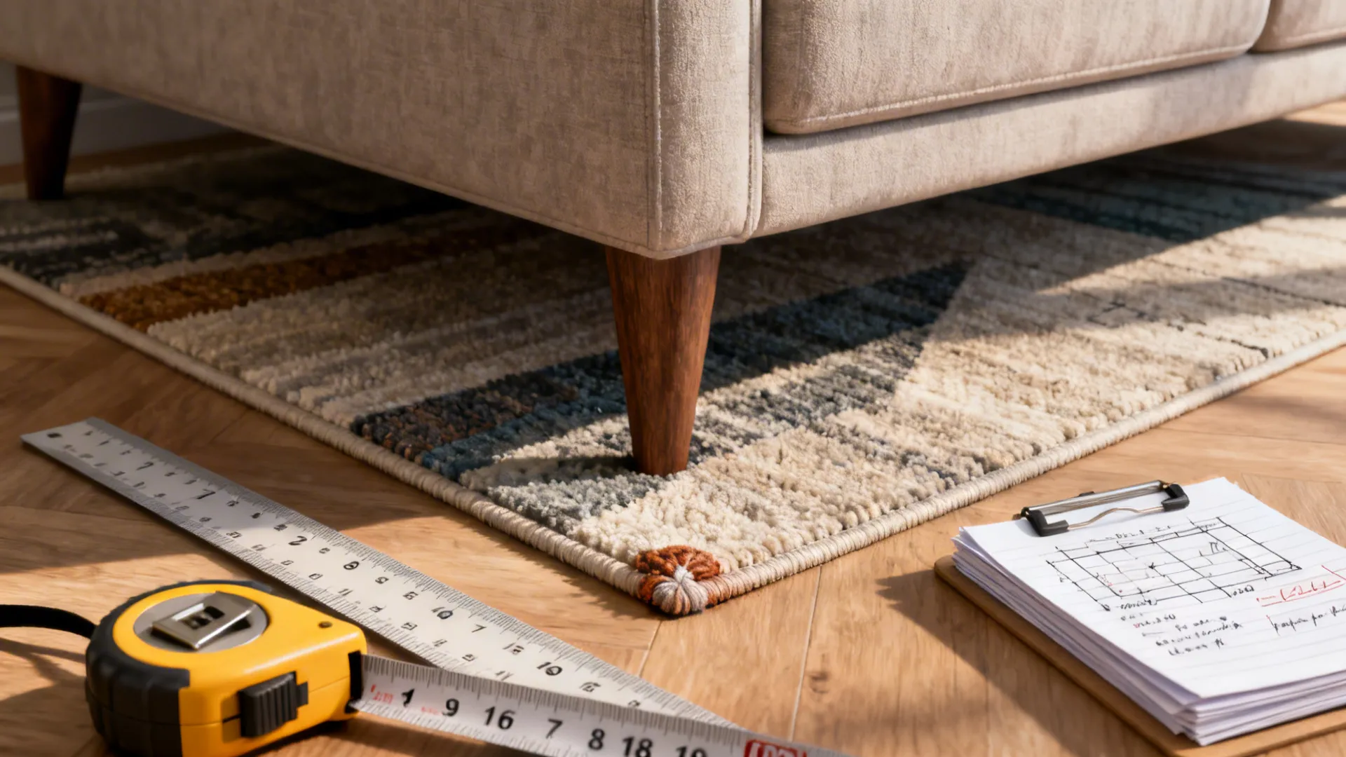 Close-up of measuring tape, scale ruler and rug corner illustrating measurement tips
