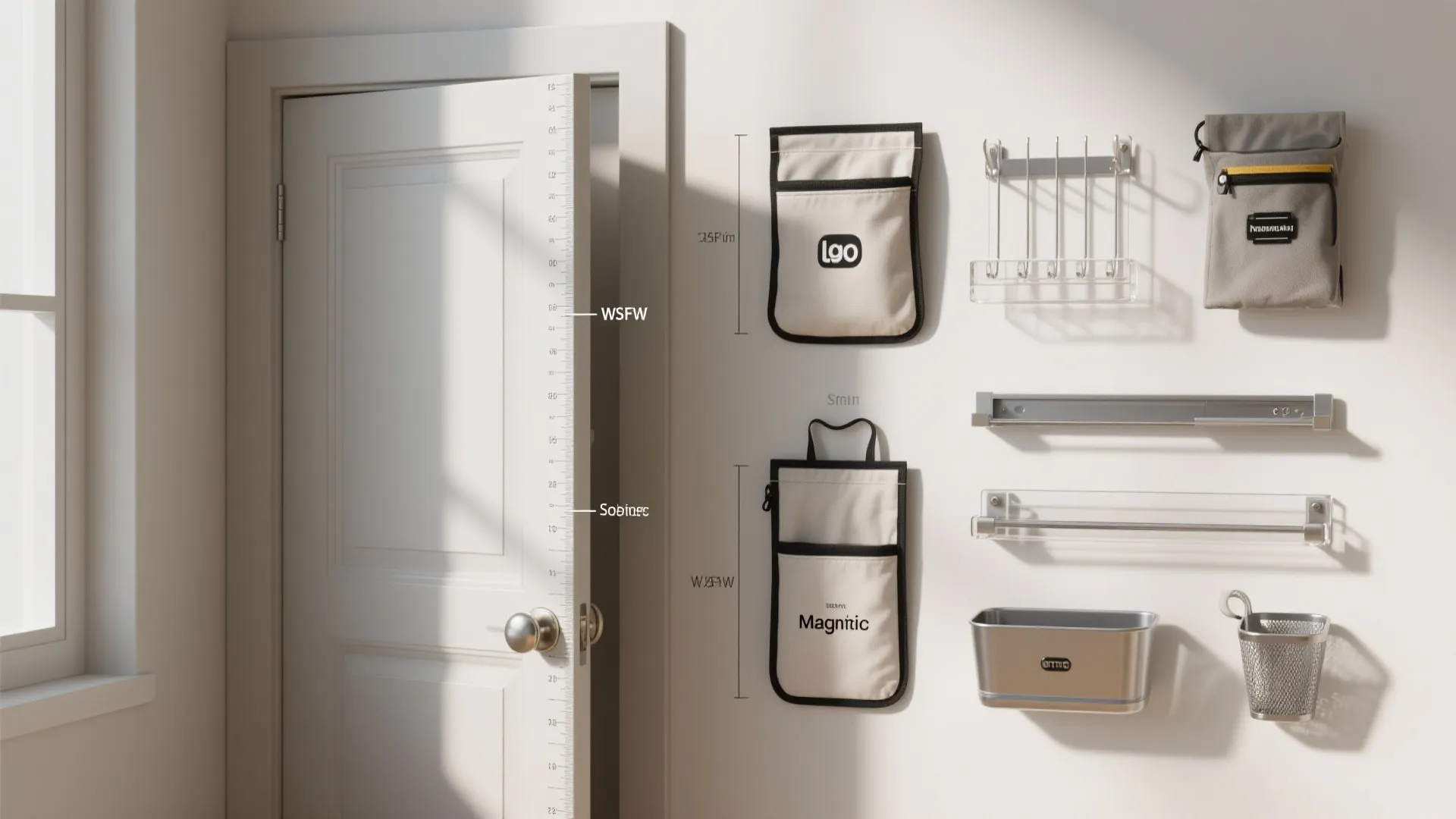 Measured cabinet door and a display of organizer types for size and installation guidance