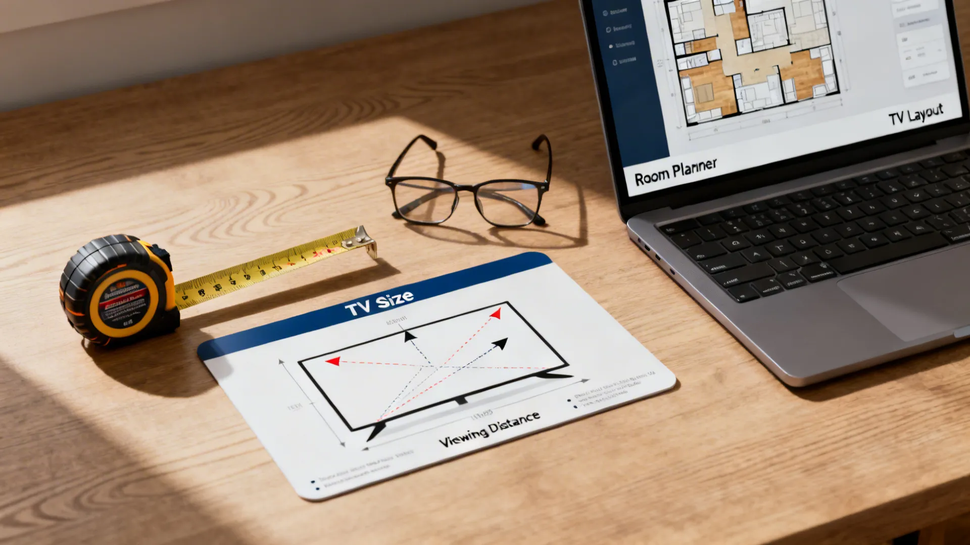 Measuring tape and TV size guide on a desk with a laptop showing a room planner.