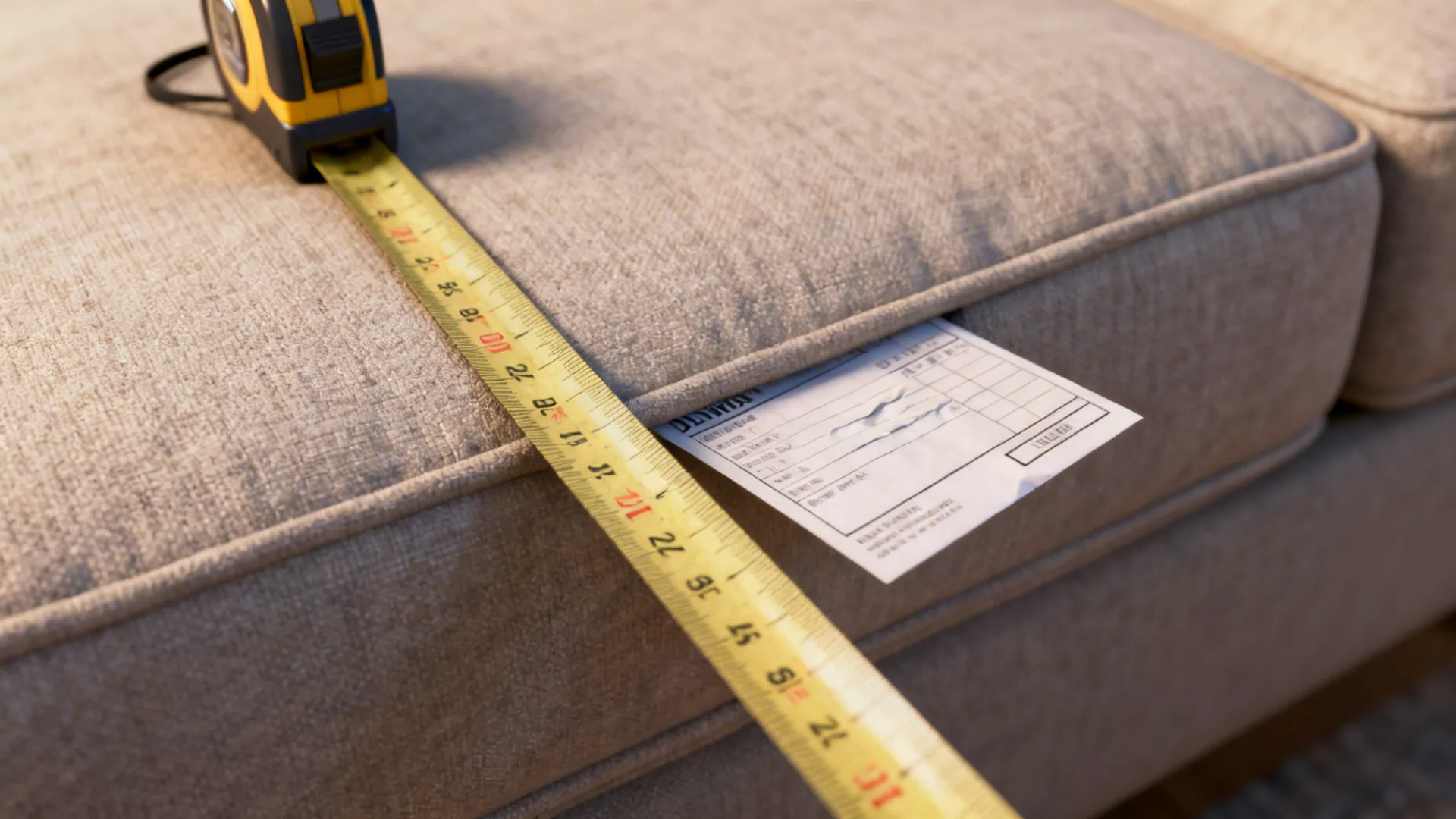 Close-up of a tape measure on a sofa cushion with a delivery invoice beneath it.
