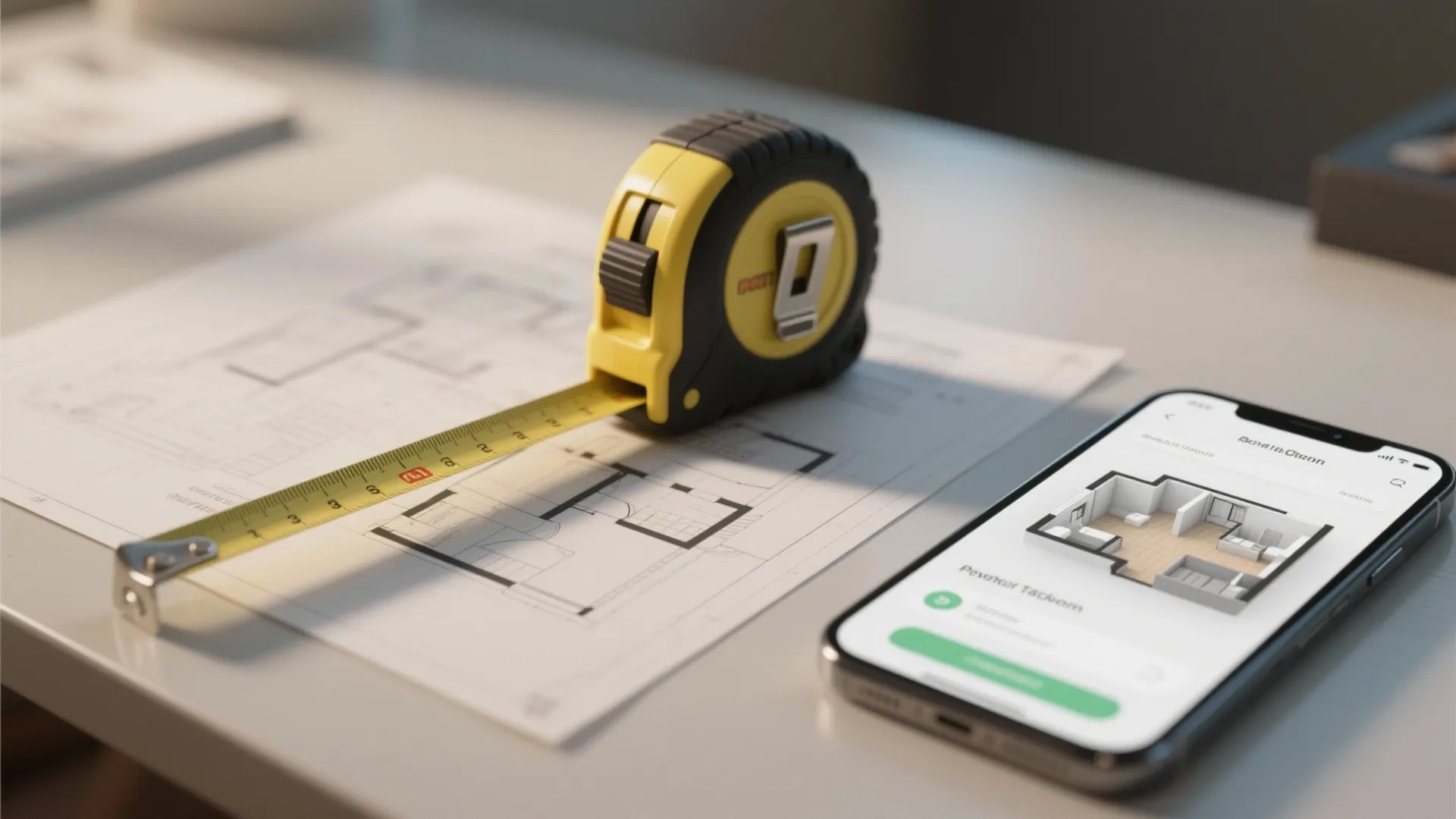 Measuring tape on a paper floor plan next to a smartphone showing a 3D model