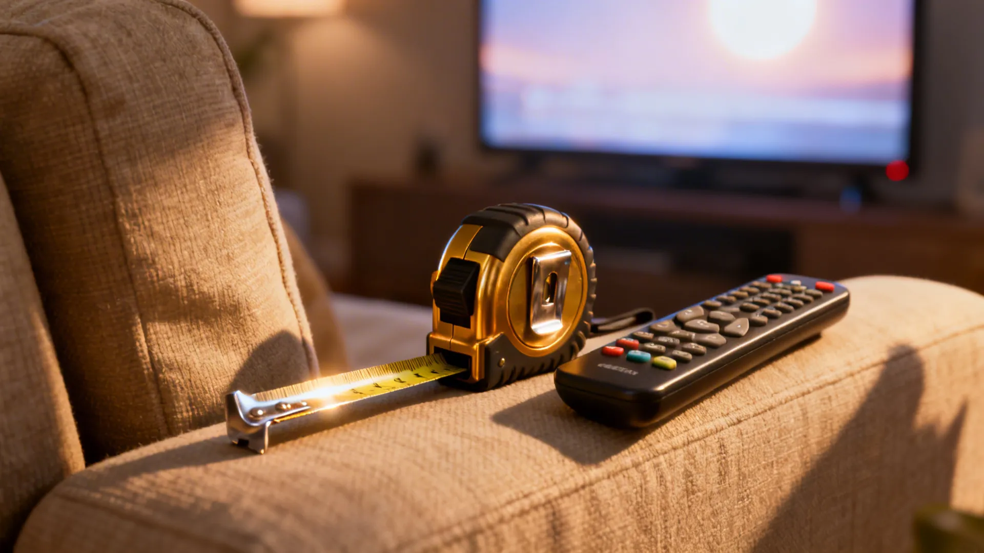 Yellow tape measure and black television remote placed on a grey sofa armrest with background