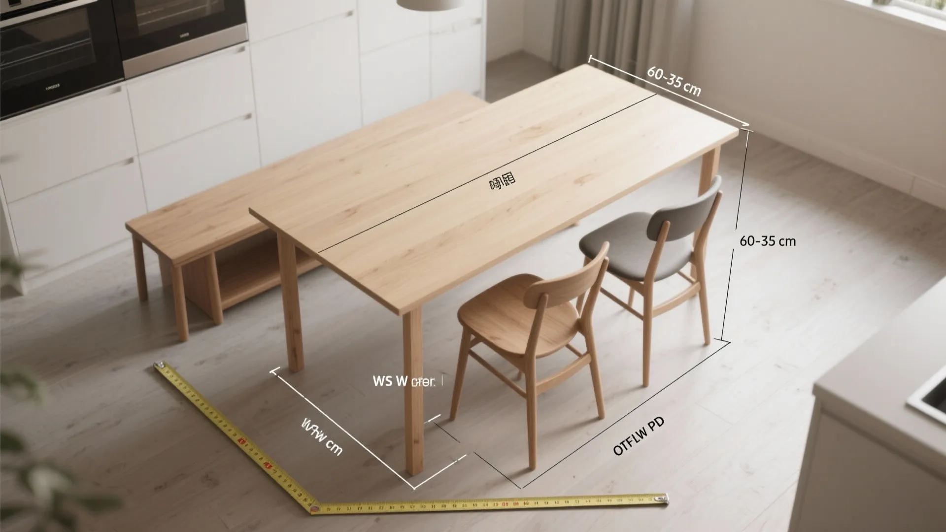 Top-down kitchen layout showing measurements and clearances around a slim rectangular table.