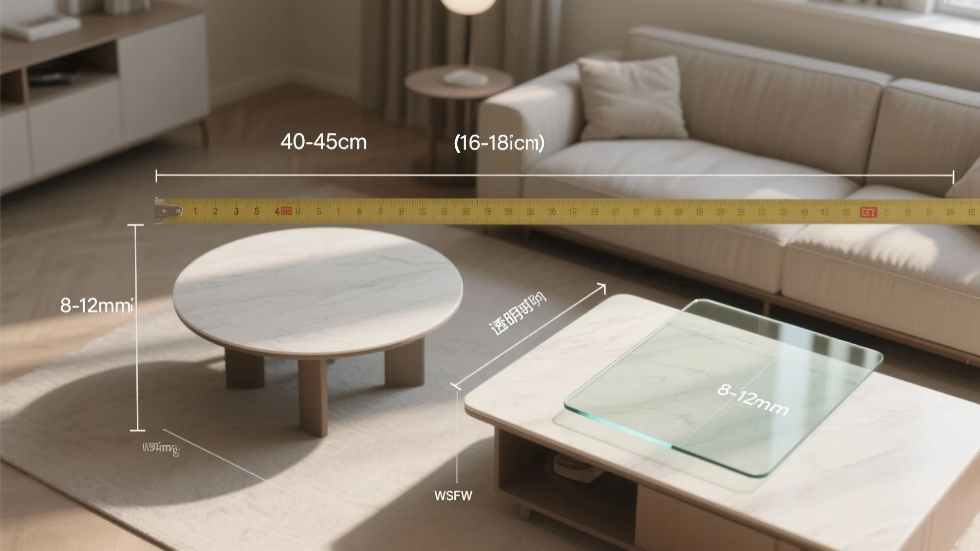 Living room showing measurement tape across sofa and marble coffee table with height and labels