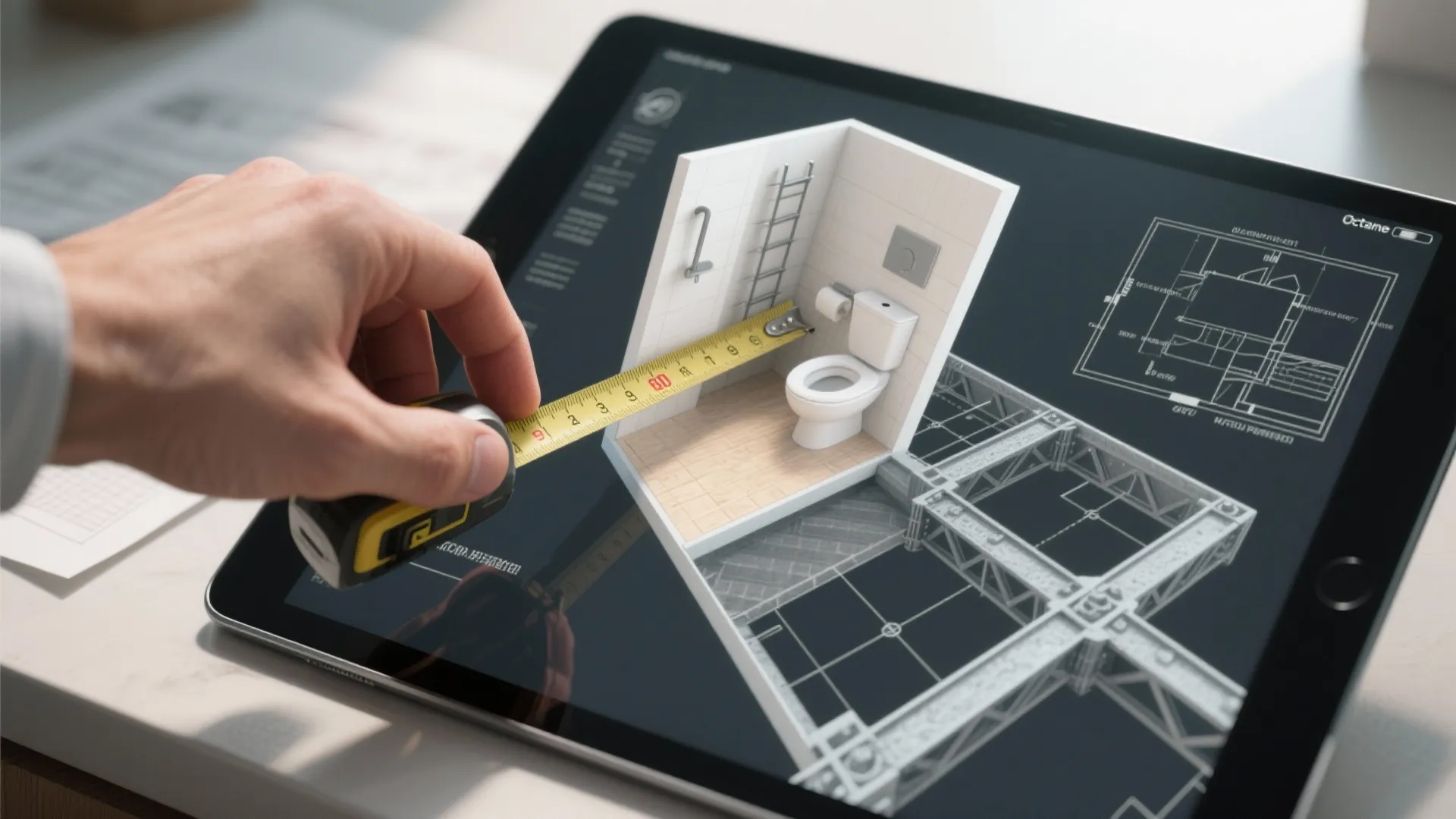 Close-up of measuring a bathroom mockup on a tablet with structural details and plans nearby.