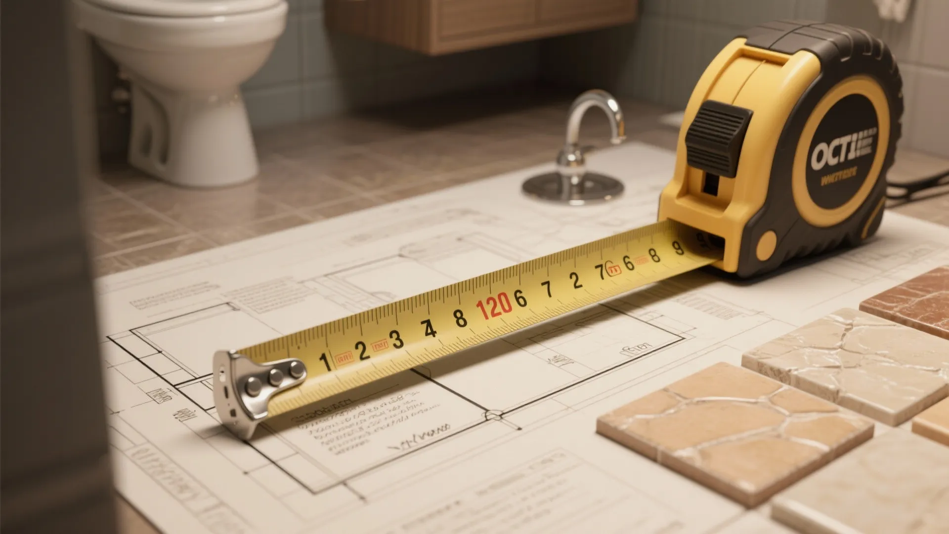 Close-up of measuring tape and a bathroom floor plan illustrating clearances and planning details.