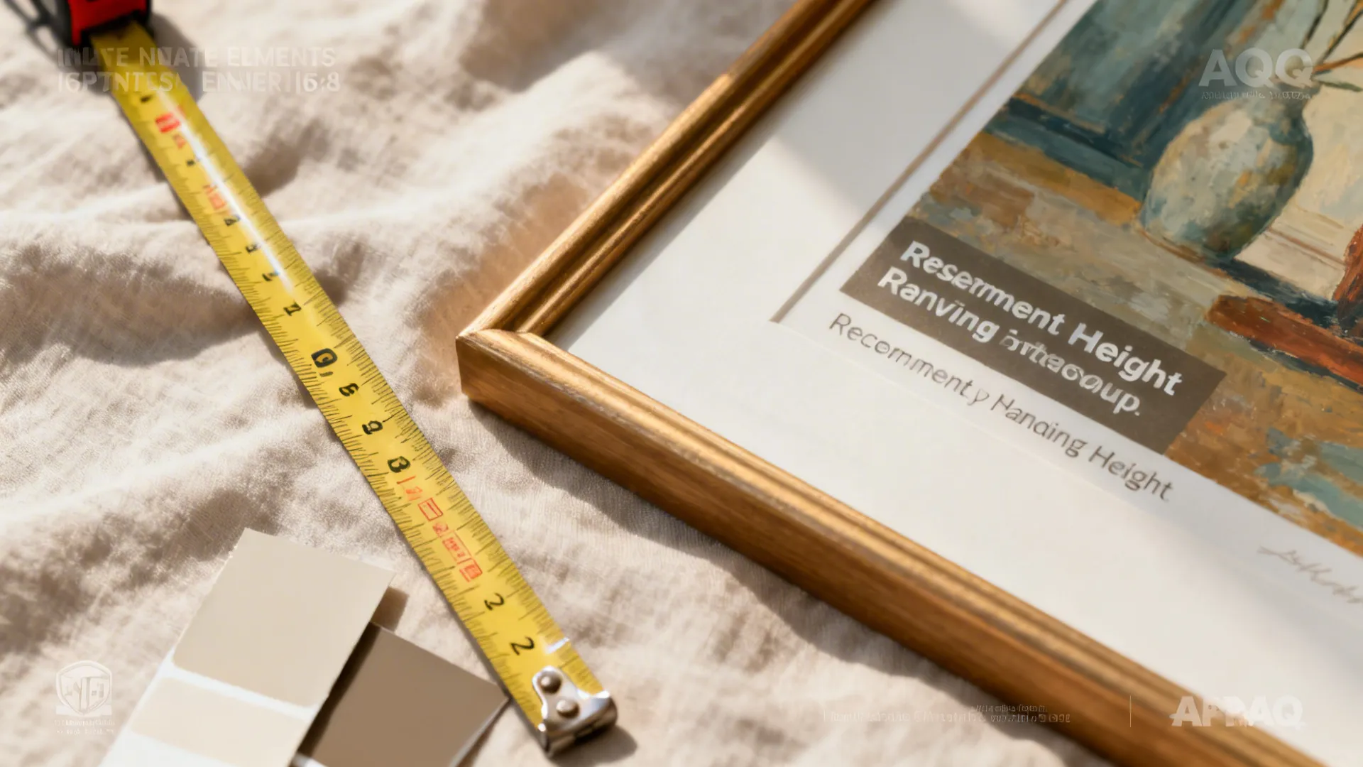 Measuring tape, framed artwork mockup and paint chips illustrating hanging height and color choices