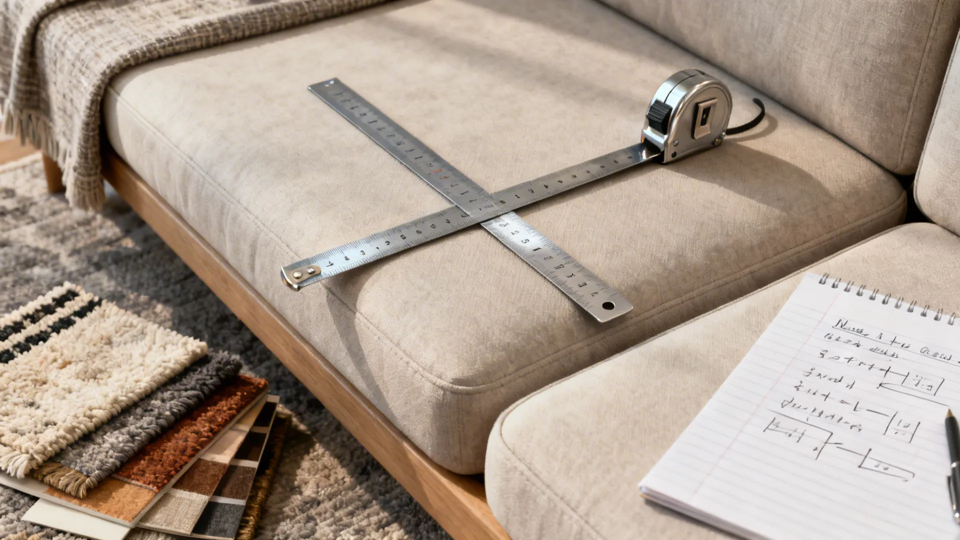 Tape measure and notepad showing sofa dimensions and fabric swatches