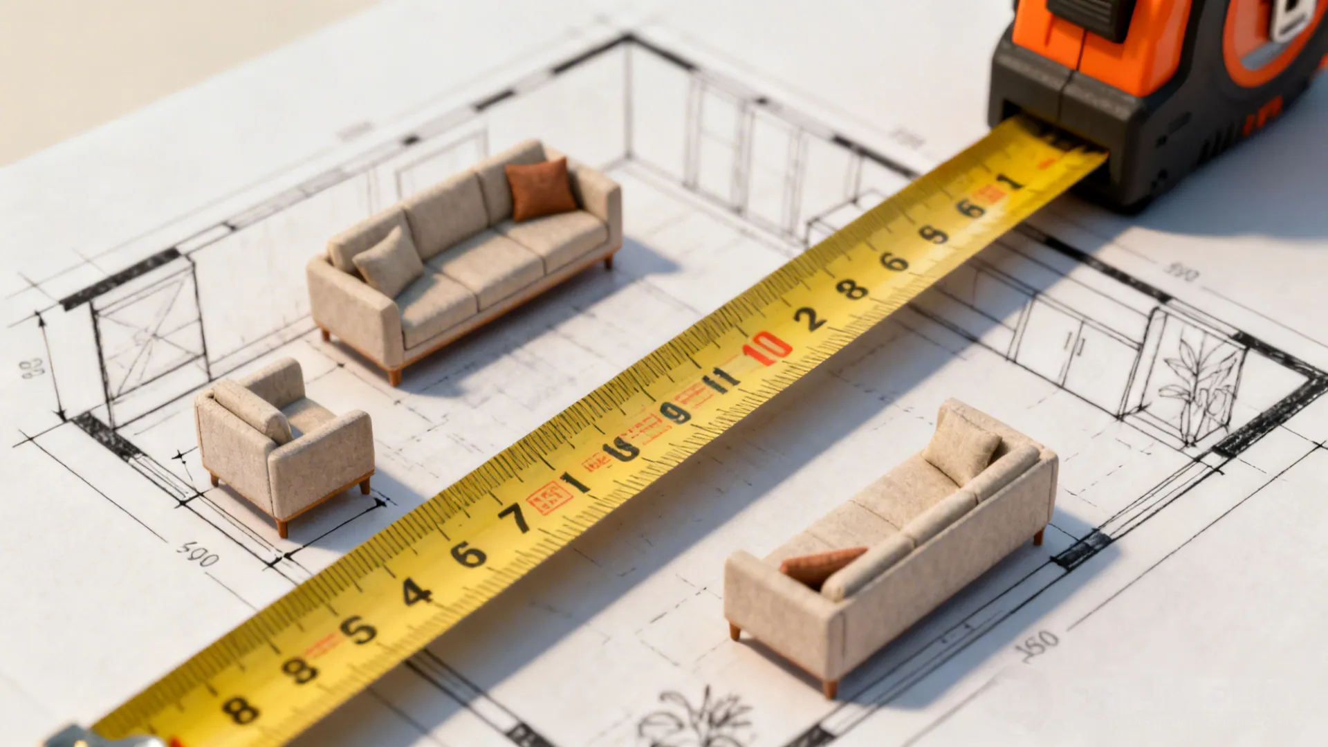 Measuring tape and room sketch showing spacing guidelines for couch and loveseat in a small living room
