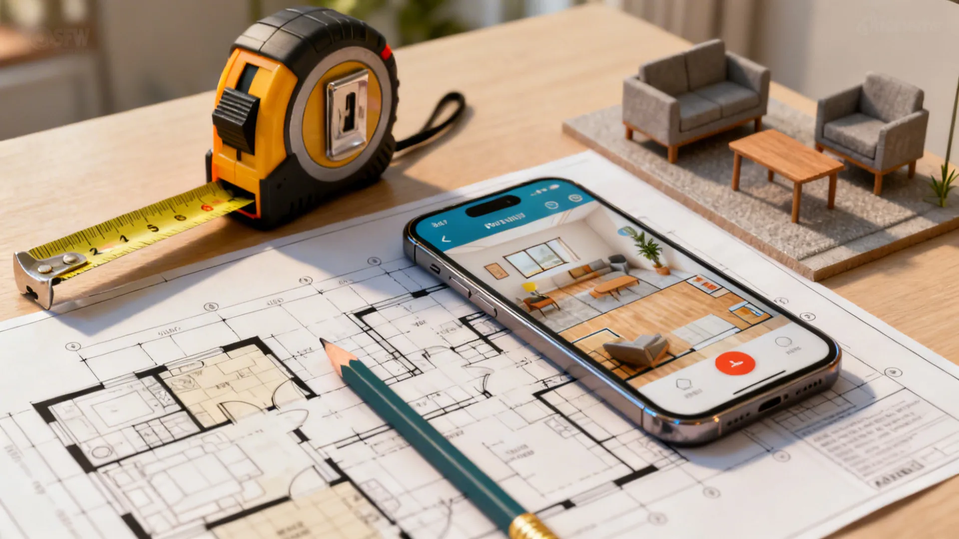 Close-up of measuring tape, floor plan and room planner app illustrating furniture measuring and planning
