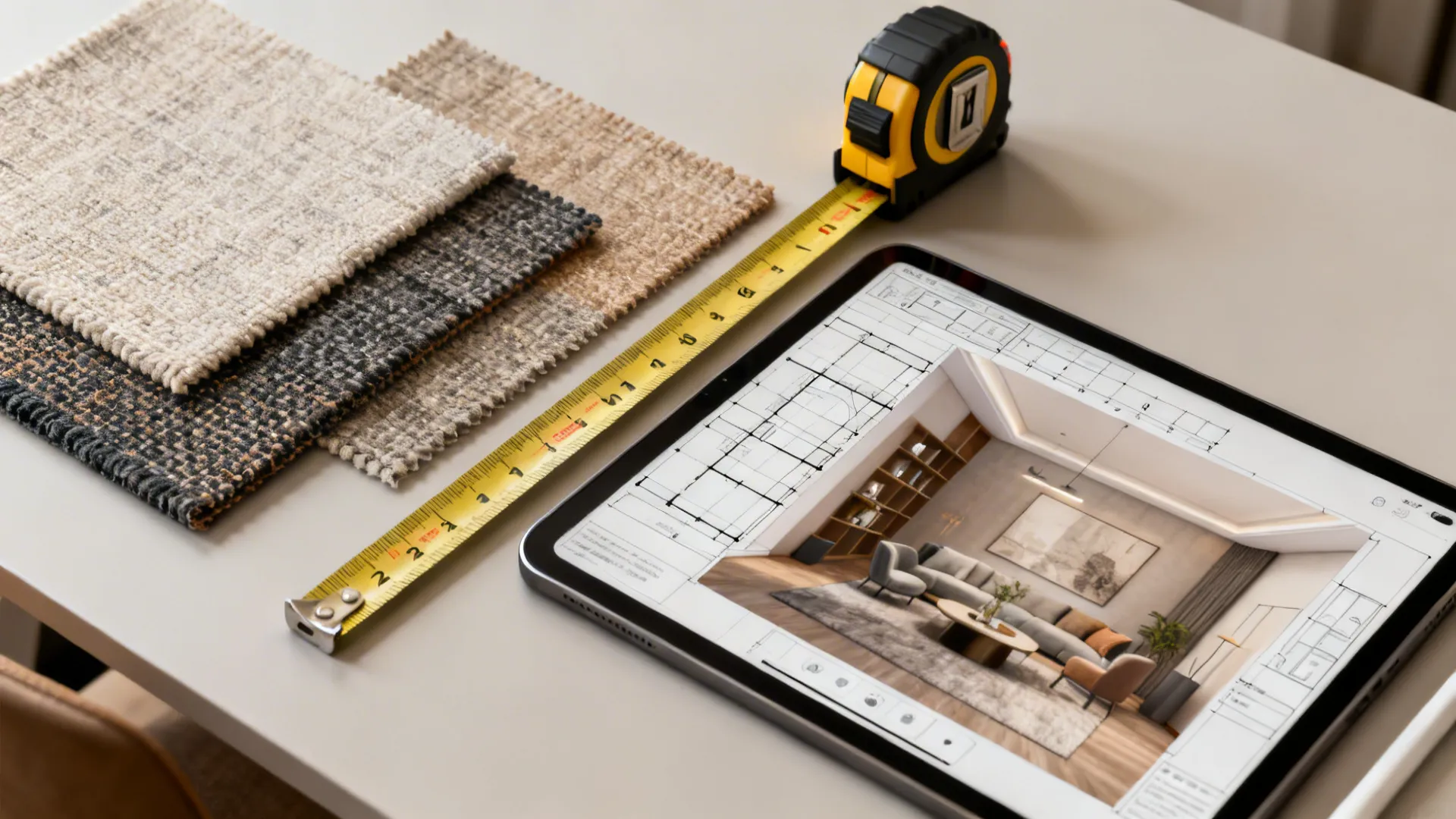 Digital tablet showing interior design drawing with yellow tape measure and several soft fabric material samples