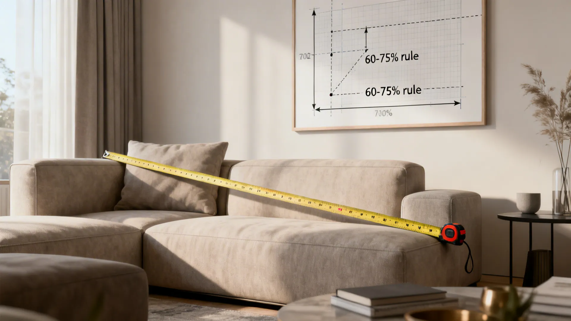 Sofa measurement and scaled art mockup showing the 60–75% width guideline