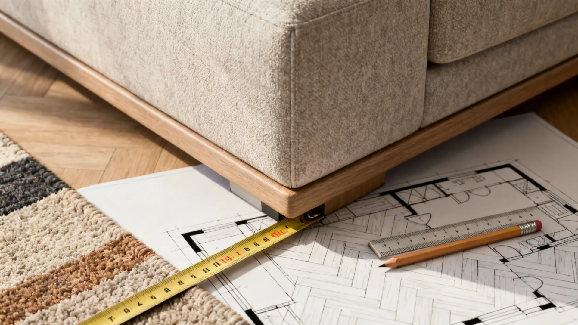 Measuring tape and floor plan sketch illustrating how to measure an L-shaped living room.