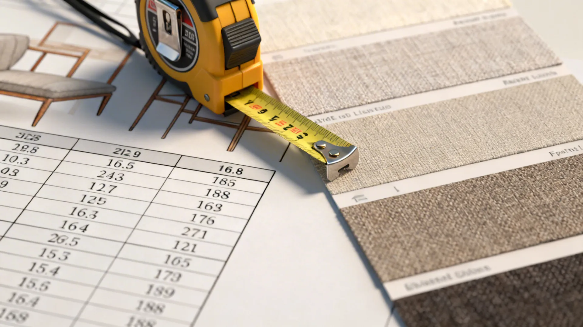 Yellow measuring tape placed on fabric samples and interior design drawing with a data table