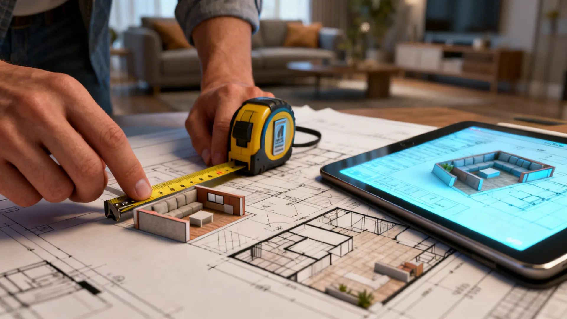 Designer measuring a sectional on a printed floor plan while referencing a 3D planner on a tablet.
