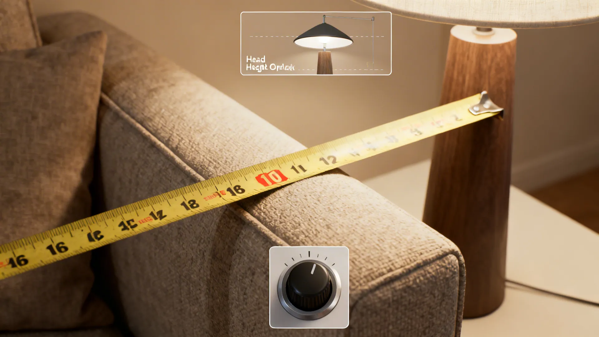 Measurement details showing ideal lamp head height and dimmer knob close-up for reading comfort.