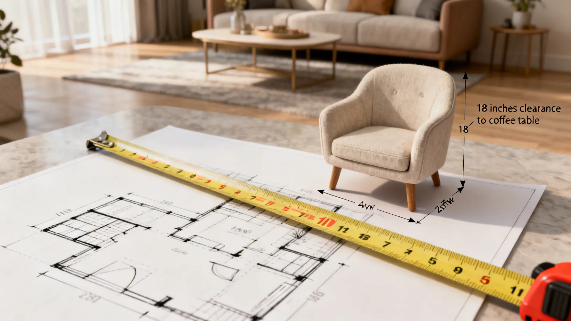 Measuring tape and floorplan showing recommended clearances for small accent chairs.