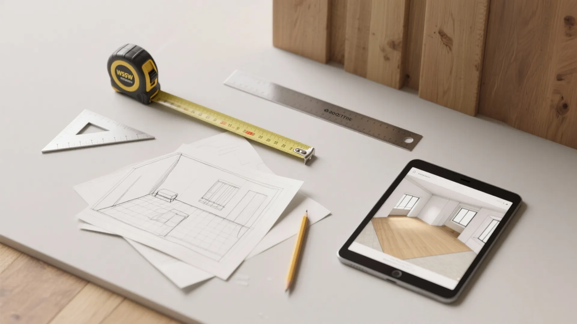Interior design workspace with tape measure pencil room sketches and tablet showing a 3D layout
