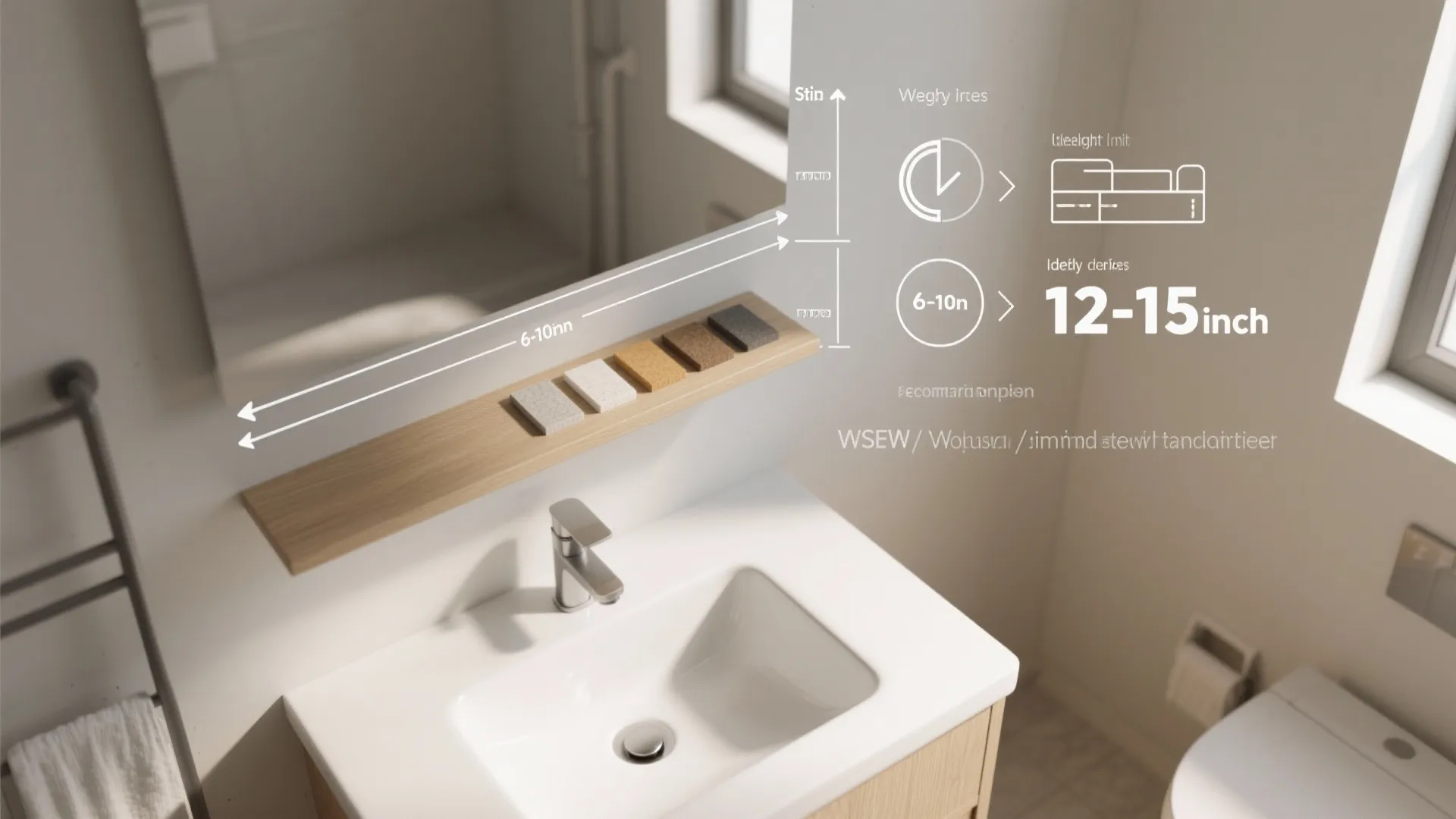Bathroom sink with mirror and wood shelf showing measurement diagrams for height and spacing requirements