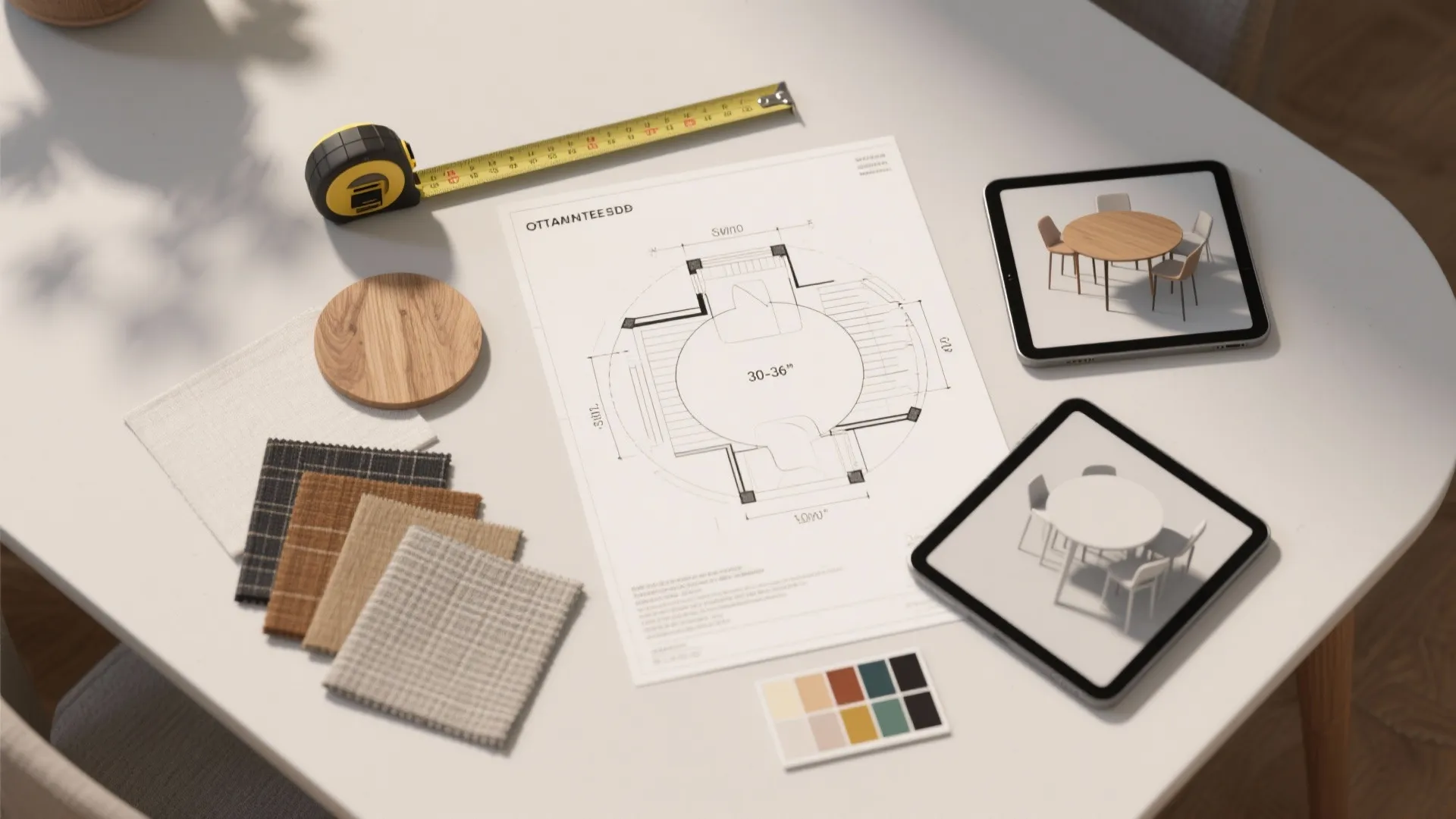 Top-down flatlay of measuring tools, fabric swatches and a printed floorplan for small dining planning.