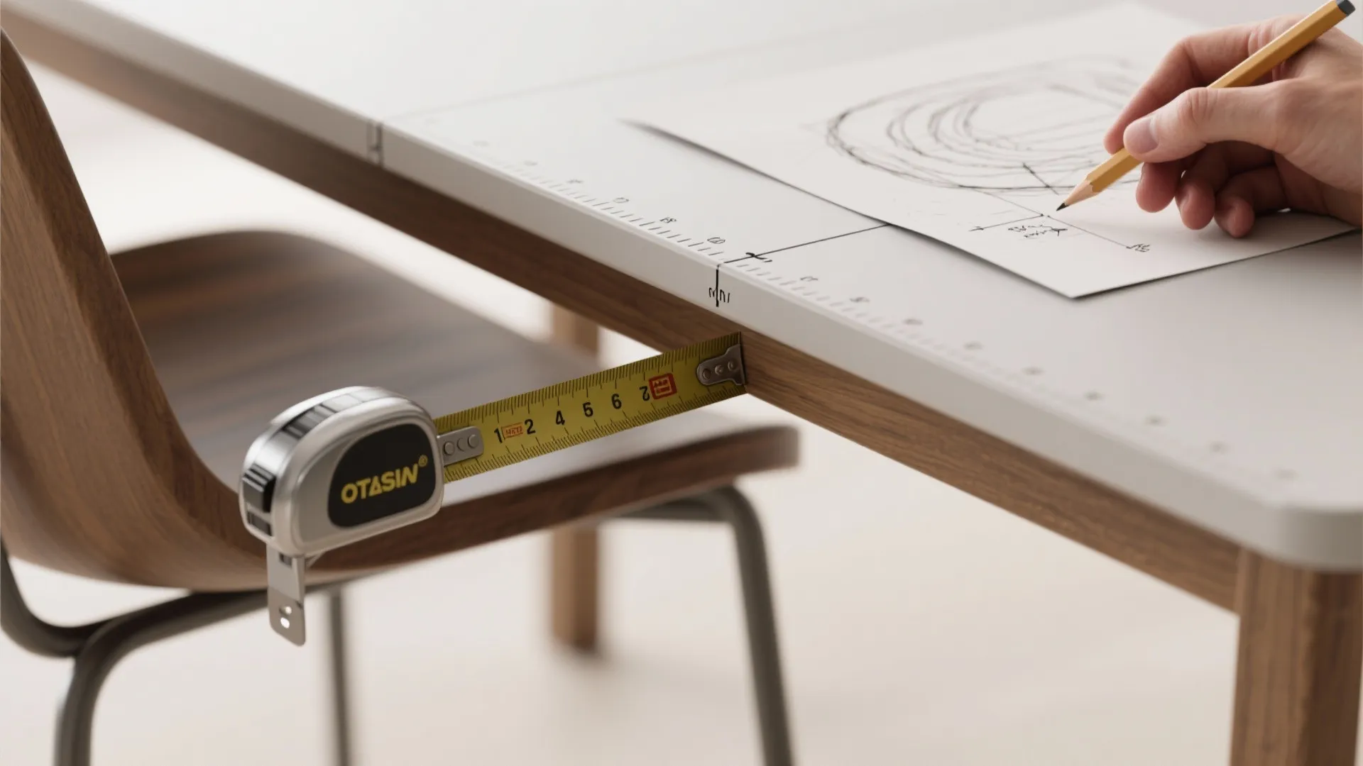 Macro close-up of tape measure and annotated clearance marks showing spacing guidelines for small dining.