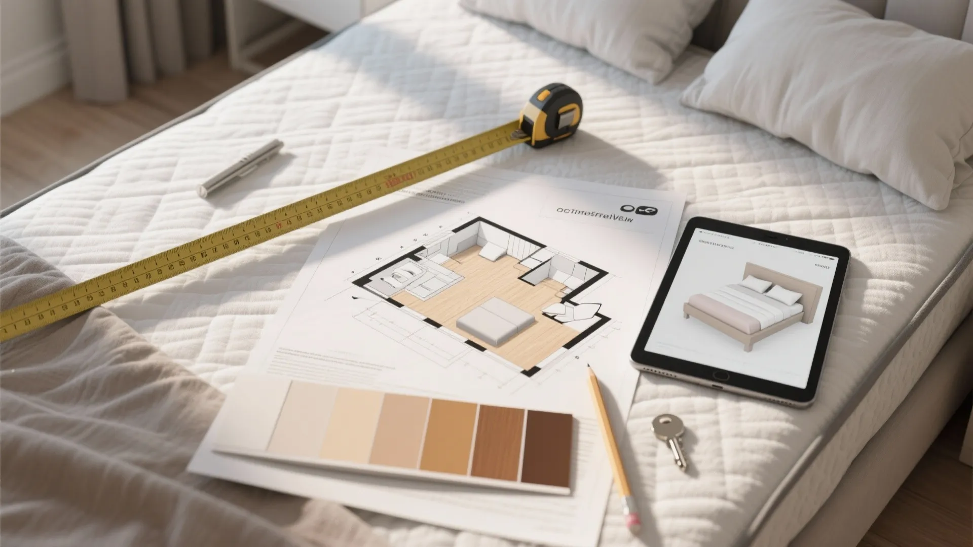 Interior design drawing with measuring tape tablet and color samples placed on a white quilted mattress
