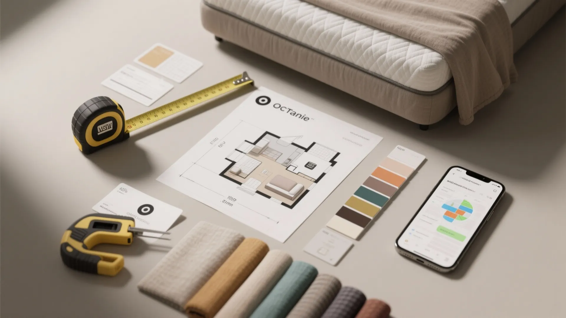 Top-down flatlay of measuring tools, mattress size cards, fabric swatches and a 3D planner printout for bedroom planning.