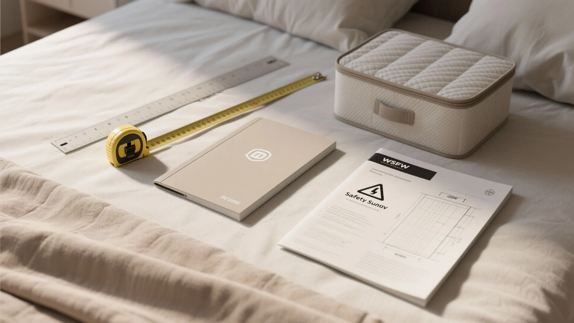 Measuring tools including tape measure and ruler with interior design drawing and notebook on bed