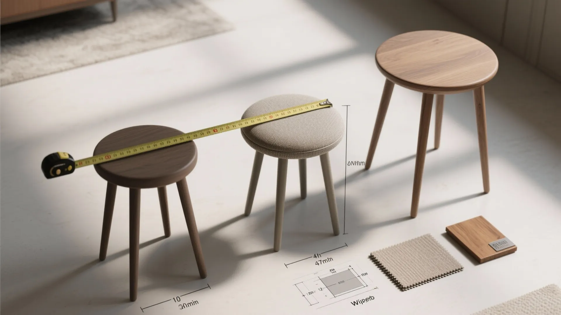 Three wooden stools with a yellow tape measure showing size comparison and small floor plan drawing