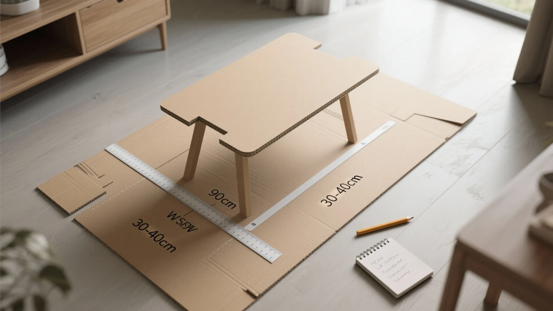Top-down photo of a cardboard mockup and measurements showing knee clearance and walk path for a drop leaf table.