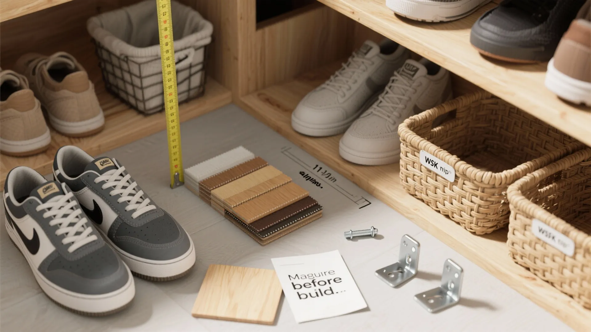 Yellow tape measure measuring floor space near shoes wood samples and small woven storage baskets