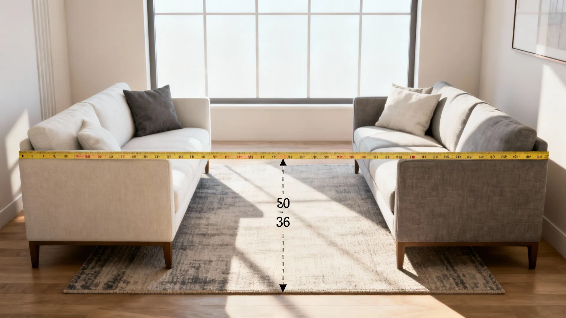 Staged living room showing rug placement, tape measure, and clear pathways to illustrate ergonomic clearances