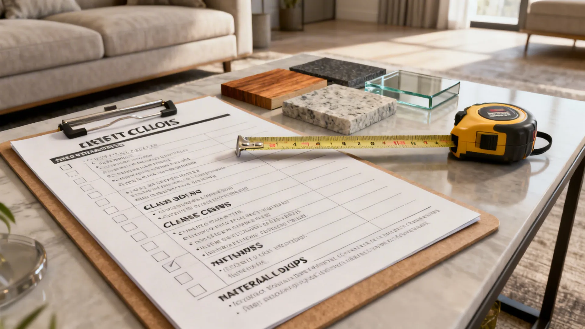Checklist, measuring tape, and material samples showing table sizing and clearance tips for living rooms