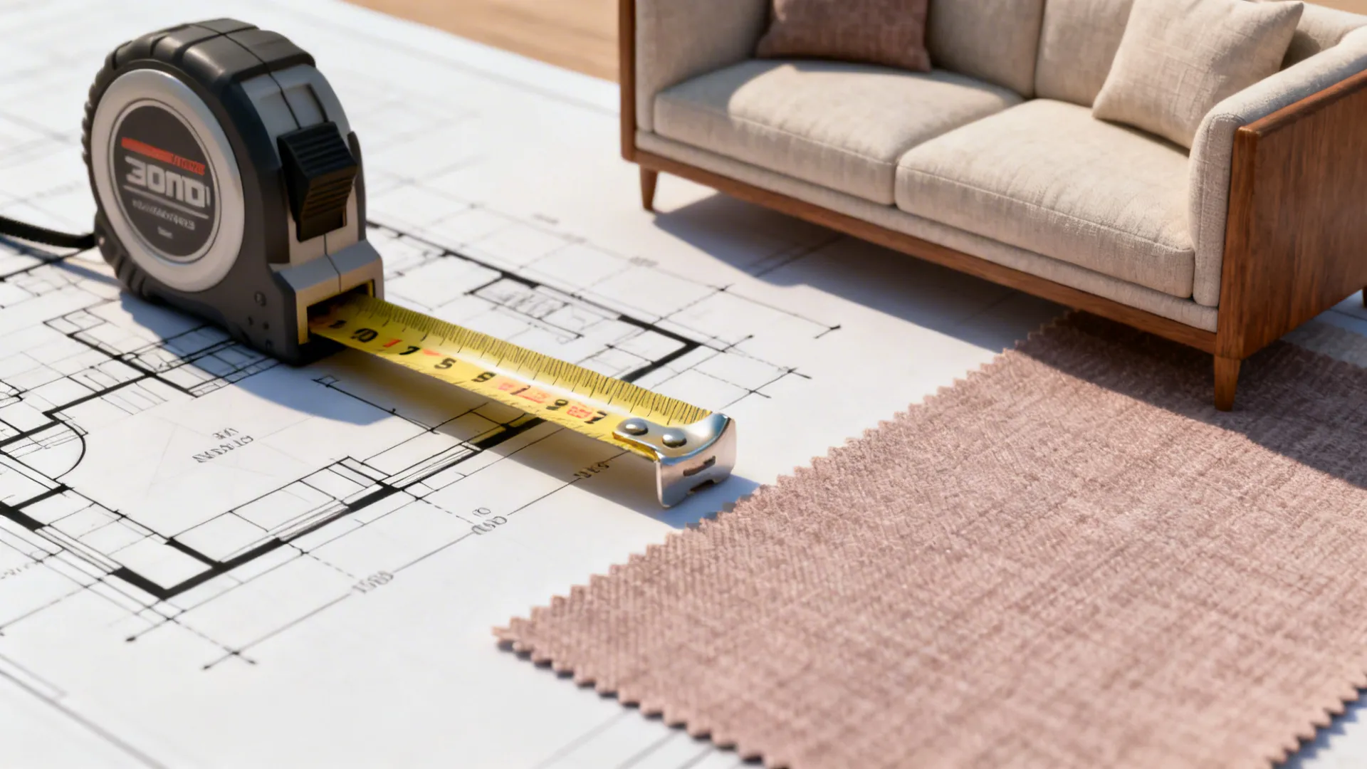 Measuring tape on a floor plan beside a fabric swatch and scaled sofa mockup for planning layouts.