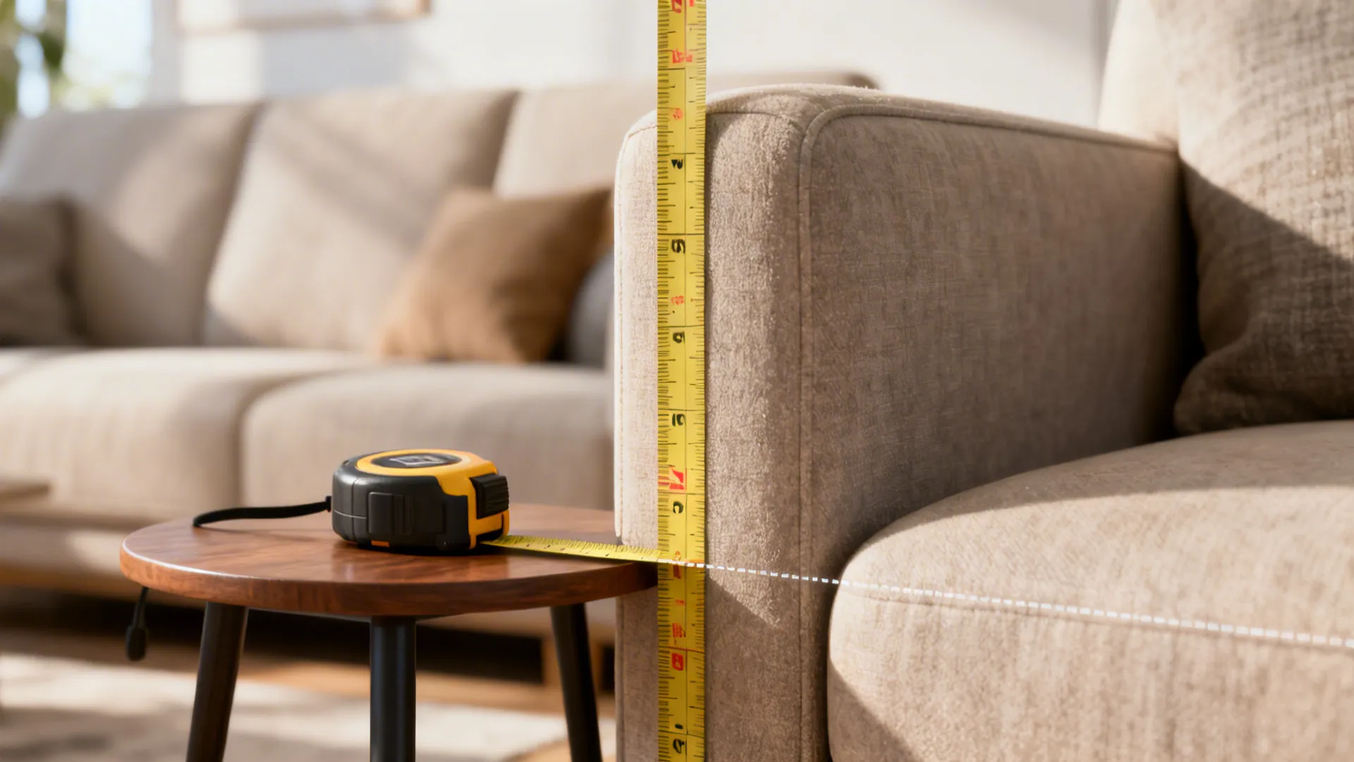 Measuring tape demonstrating end table height relative to sofa arm and clearance.