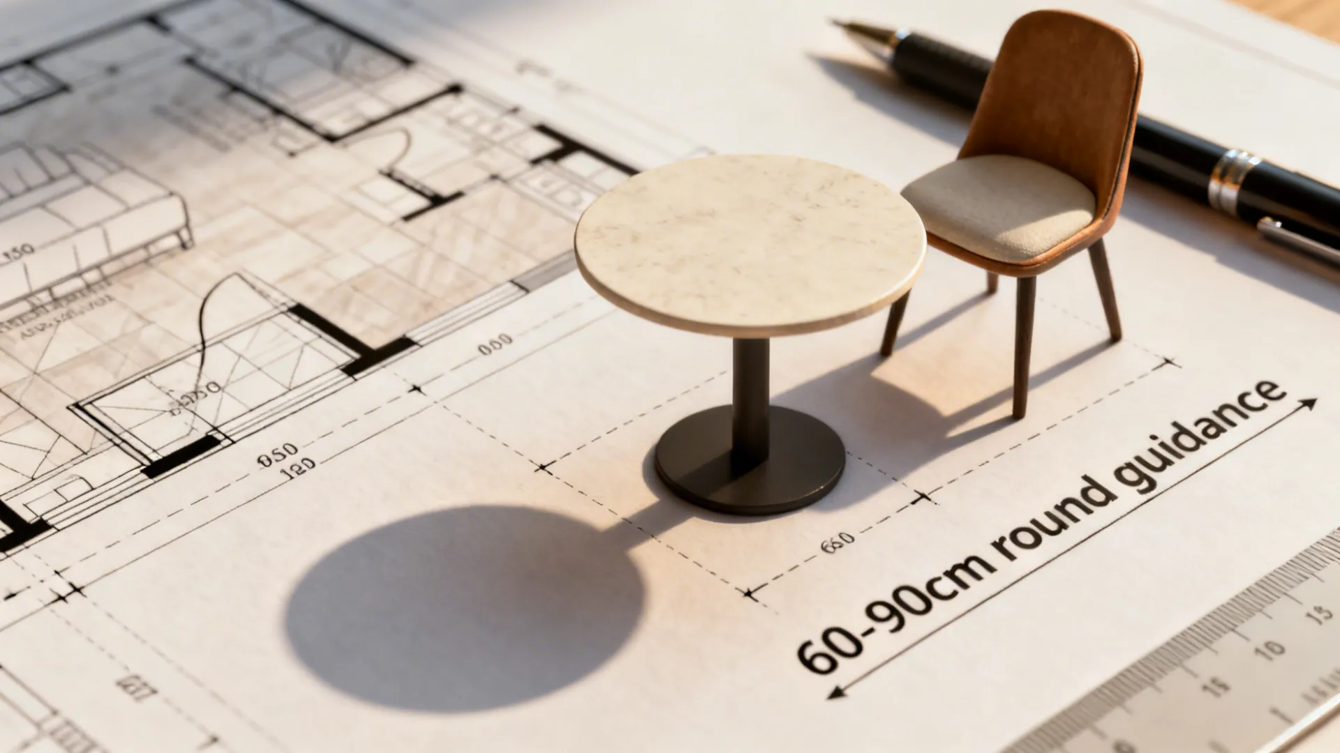 Close-up of a floor plan with measurement notes and a small table model illustrating recommended dimensions.