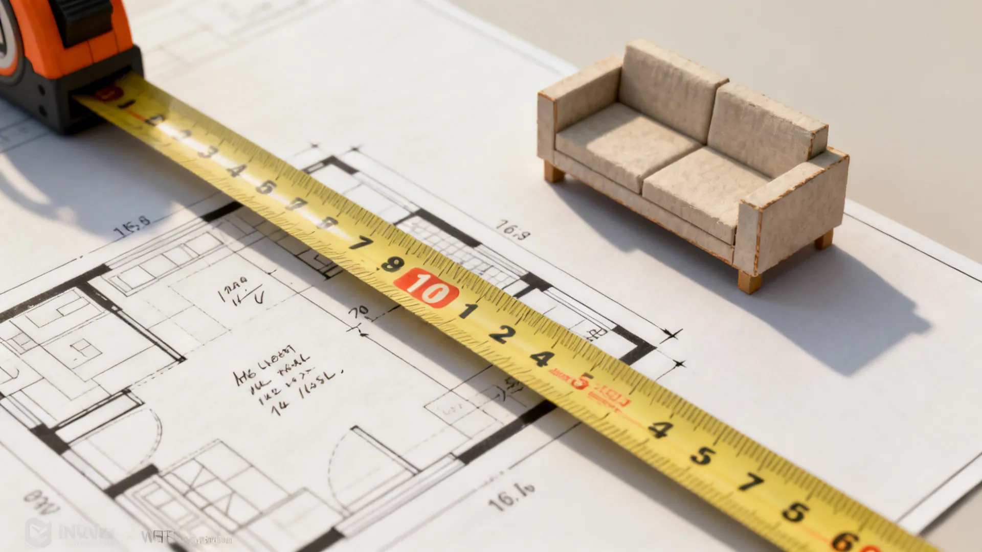 Measuring tape on a floorplan beside a small sofa scale model to illustrate recommended dimensions